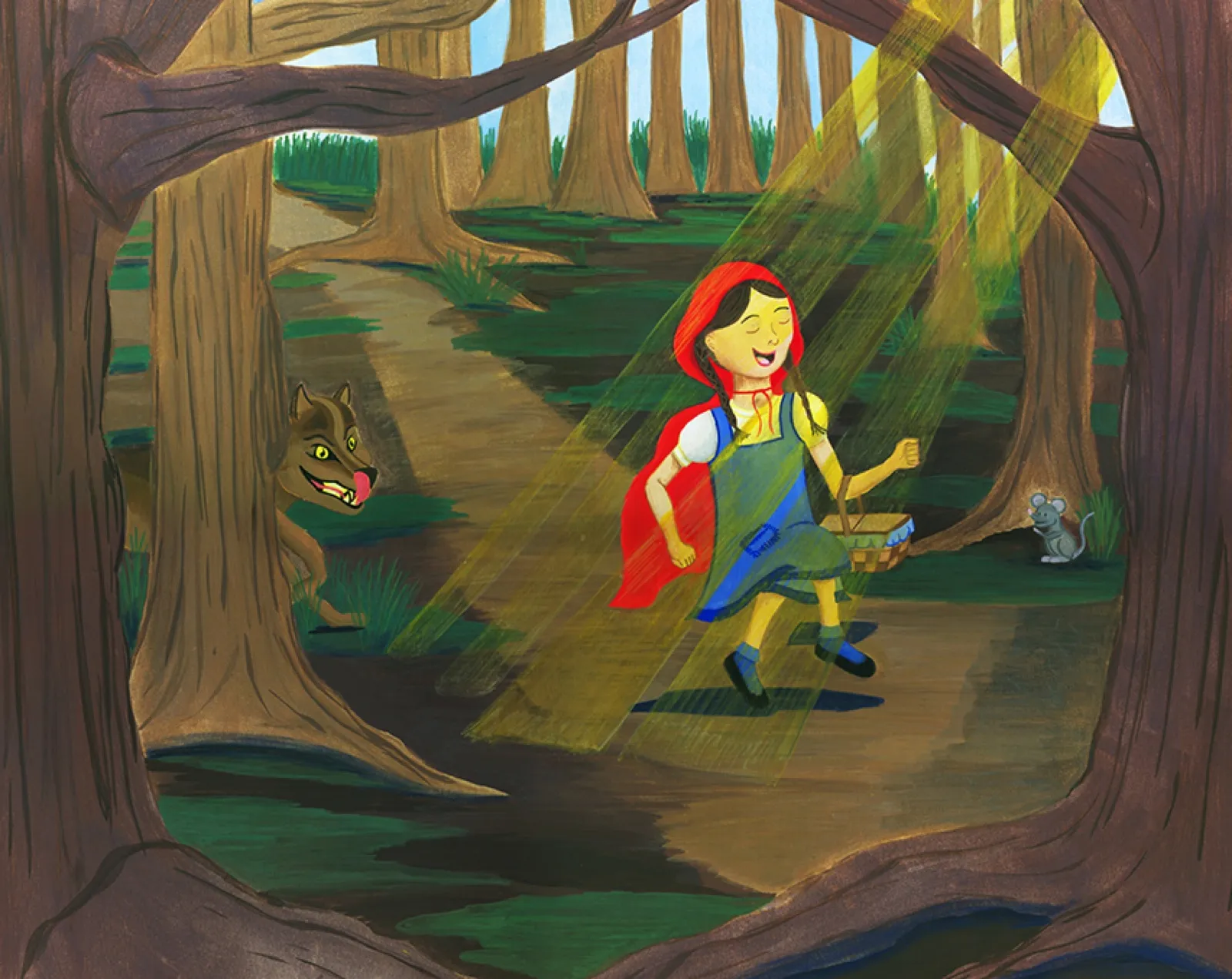 Illustration of a girl in a red hood walking through a forest while a wolf peeks from behind a tree.