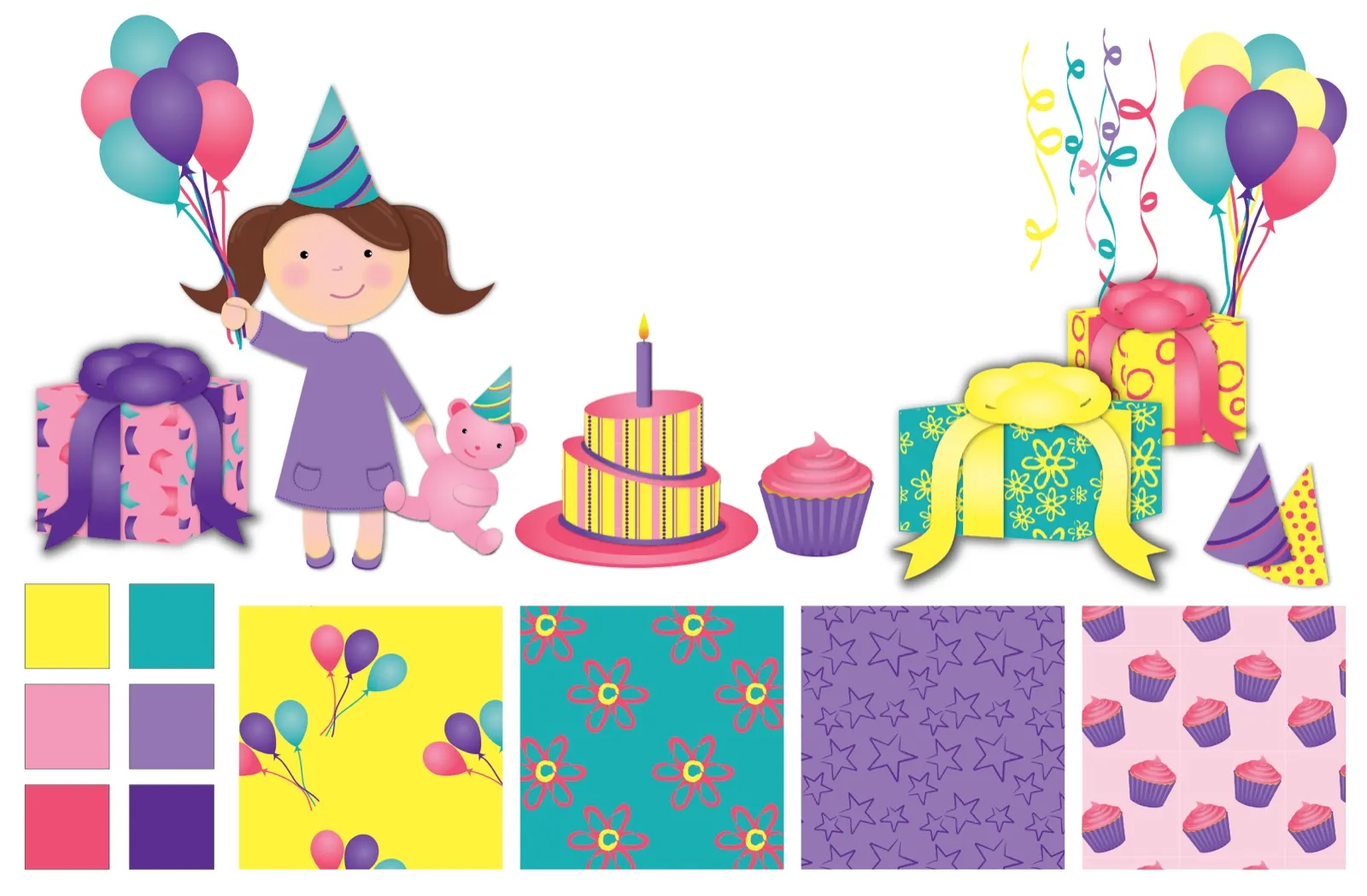 Birthday illustration of a girl with balloons and a teddy bear, with matching patterns and color swatches.