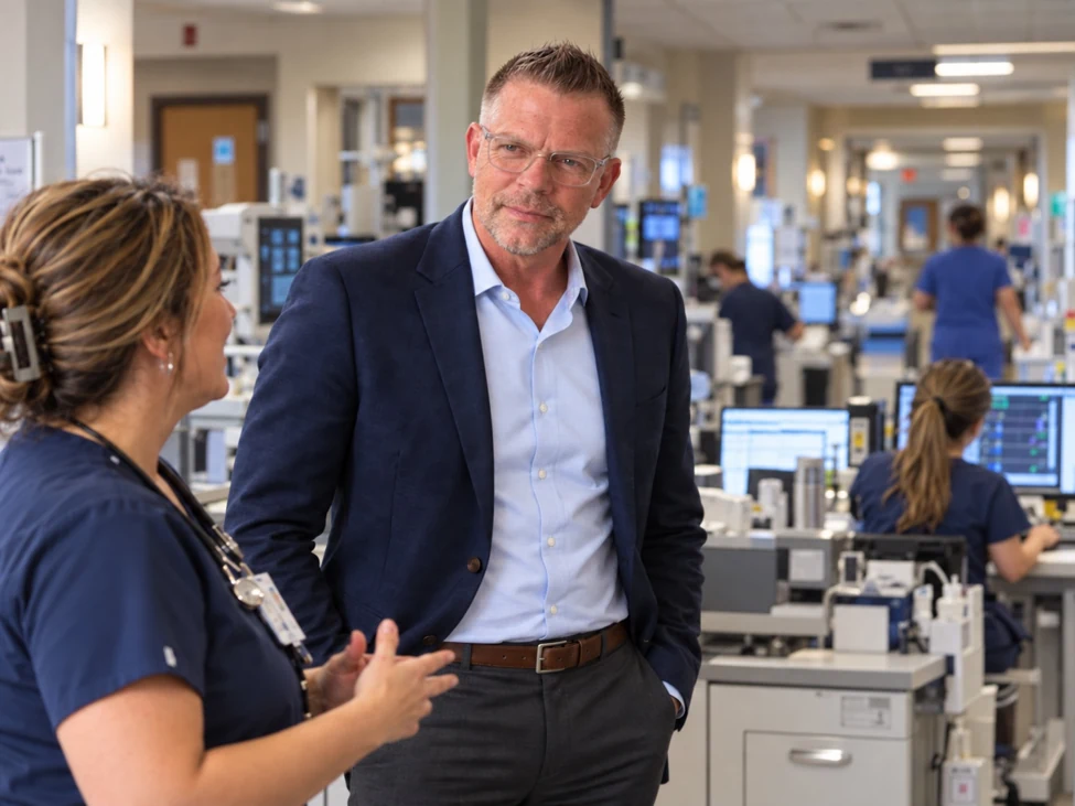 Healthcare executive listening to a nurse in an active hospital clinical unit.