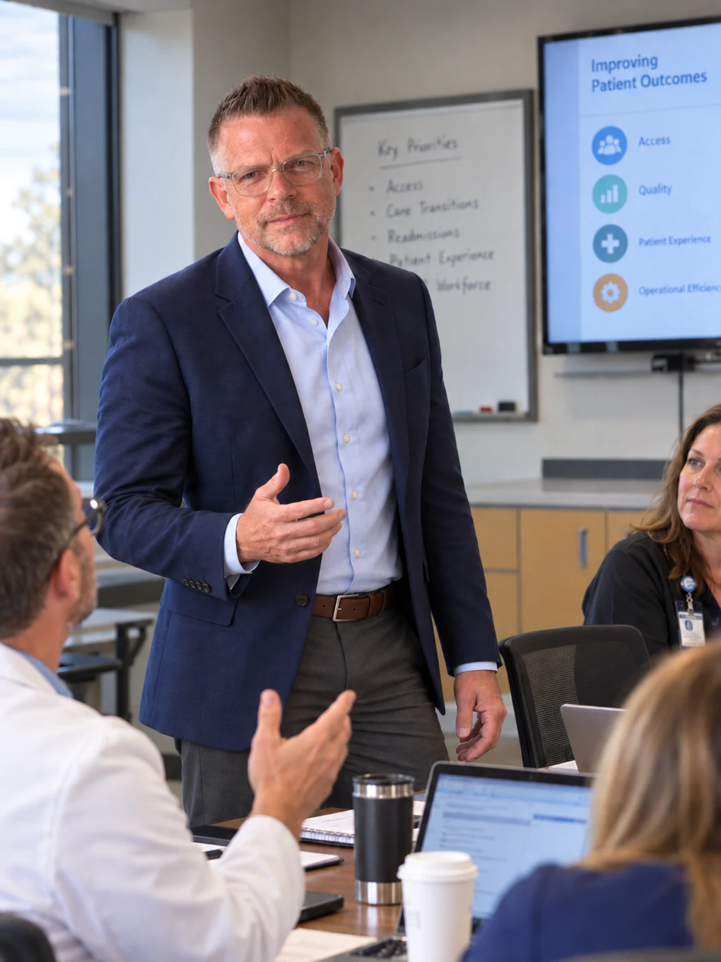 Healthcare executive leading a hospital strategy discussion with clinical leaders.