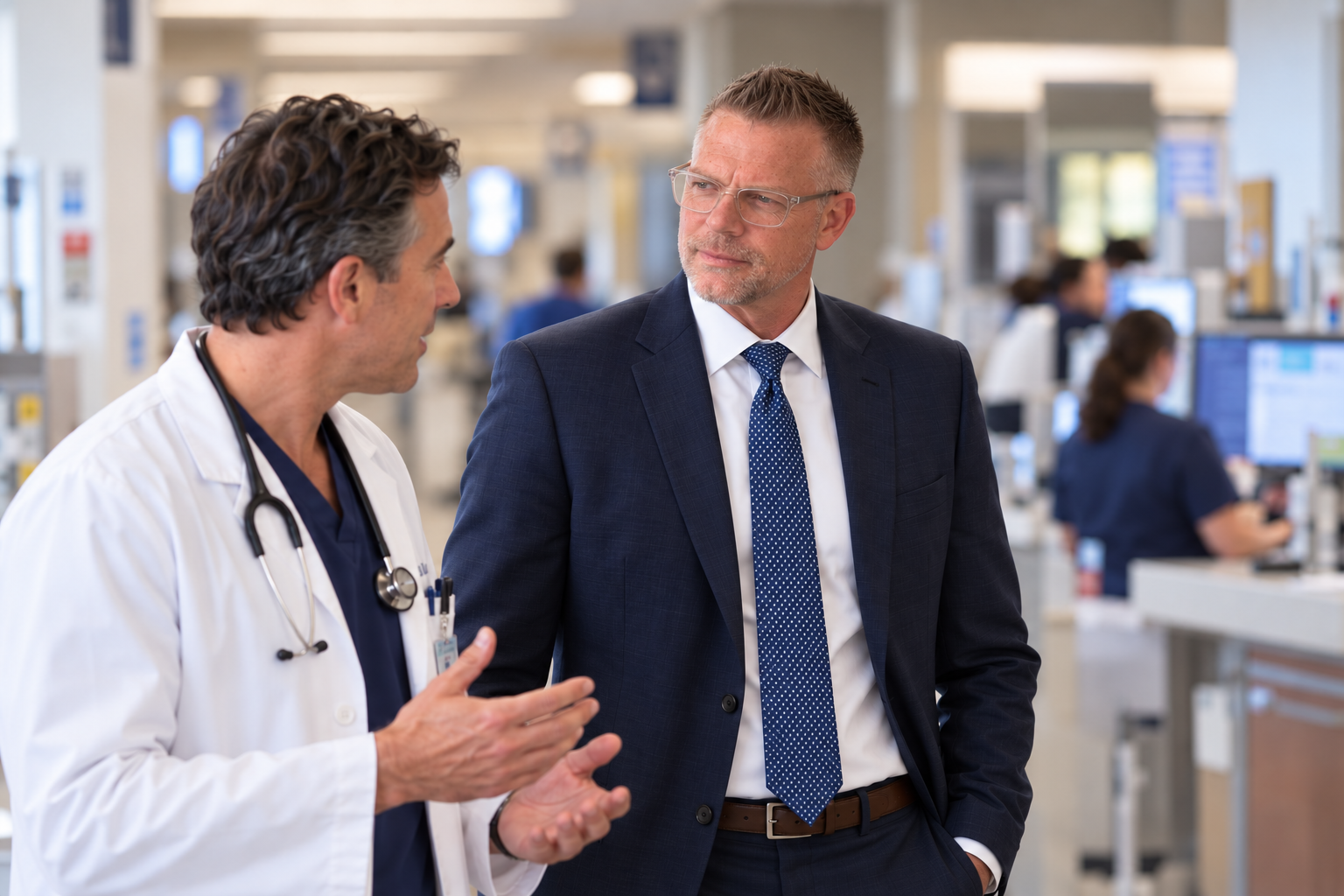 Healthcare executive in a suit listening to a physician in an active hospital clinical unit.