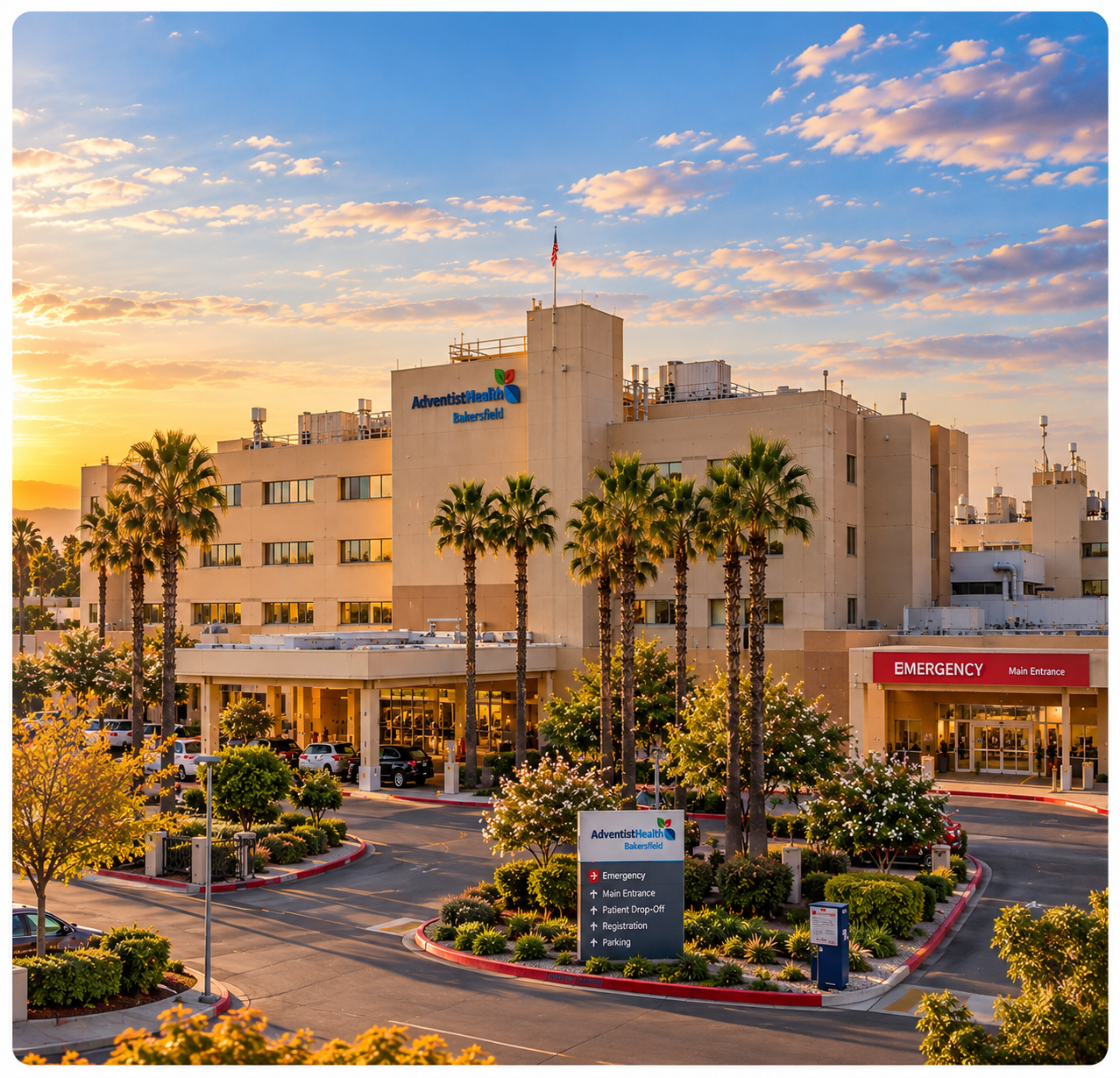 Adventist Health Bakersfield hospital campus at golden hour.
