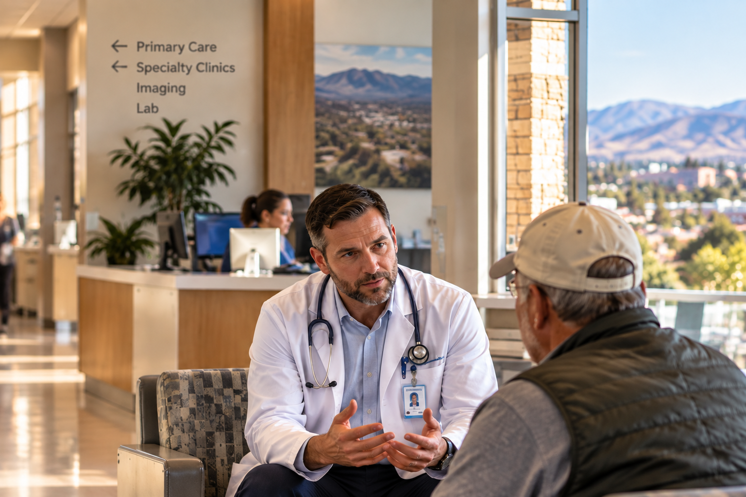 Physician speaking with a patient beneath ambulatory care signage.