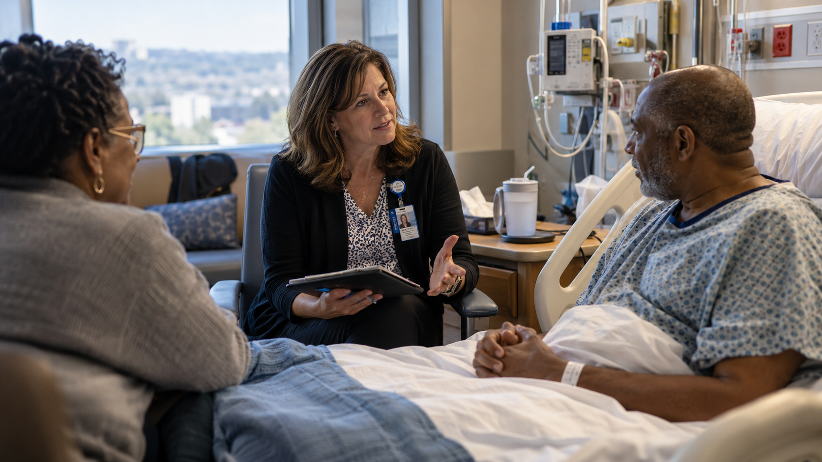 Hospital case manager discussing care progression and discharge planning with a patient and family member at the bedside.