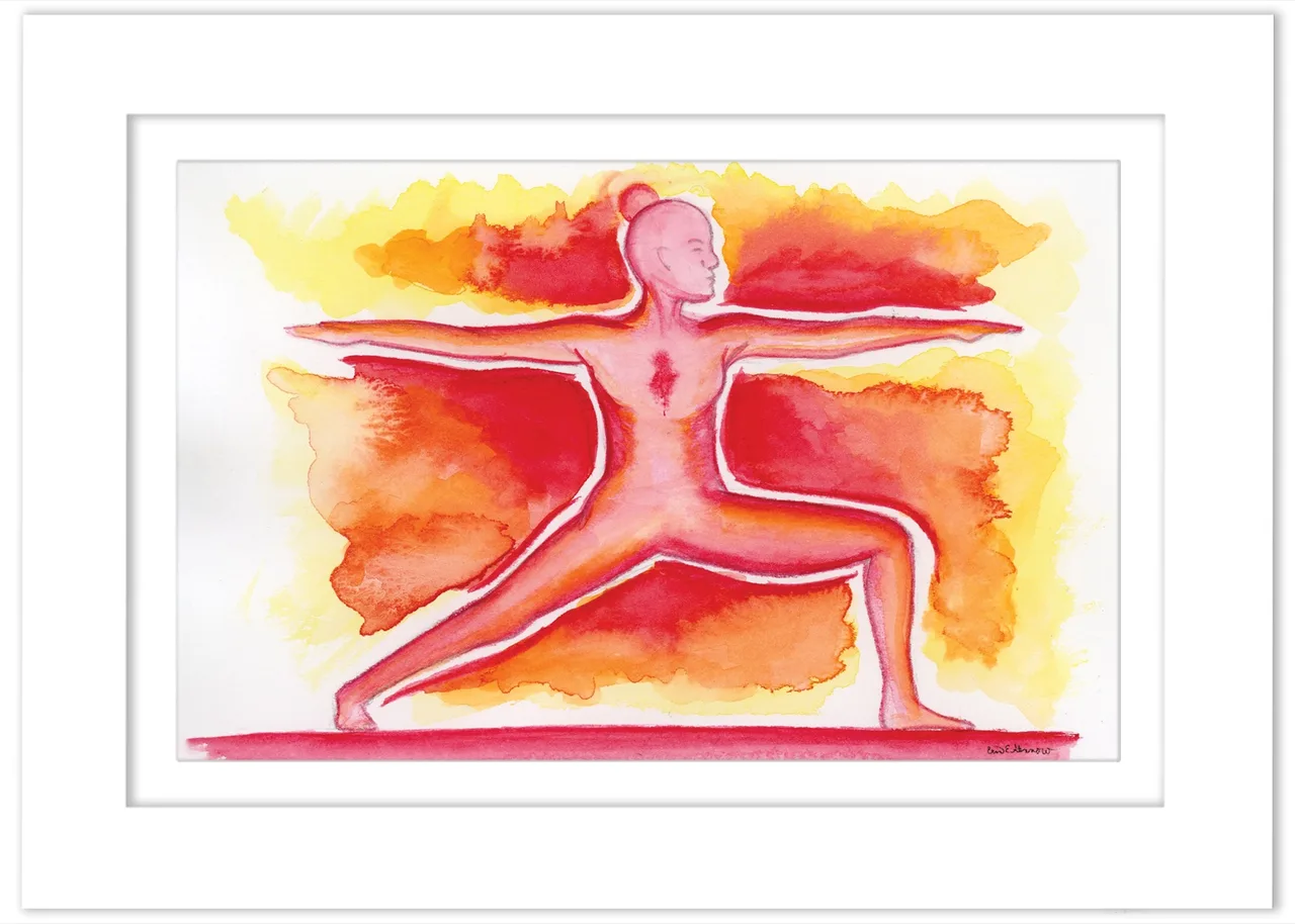 Watercolor painting of a pink figure in warrior II pose against a red and orange wash, shown matted.