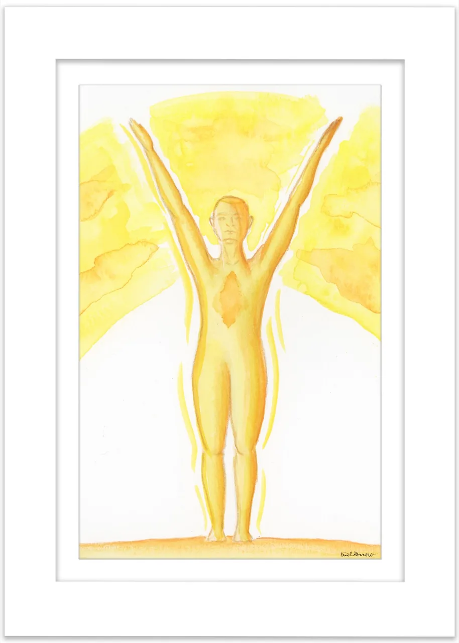 Watercolor painting of a golden yellow figure reaching both arms up toward a warm yellow sun.