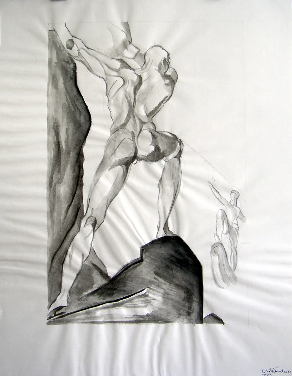 Black and white sketch of a muscular male figure in a dynamic pose, standing on a rock with one arm extended forward holding a ball, and a faint outline of a smaller figure pointing in the background.