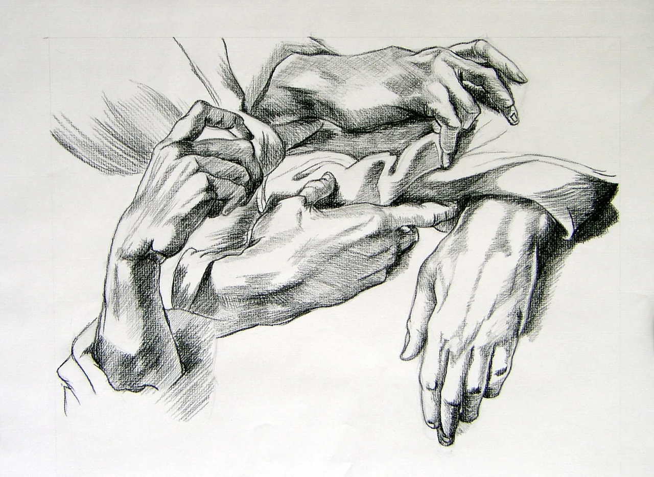Pencil sketch study of four hands in different positions with detailed shading and textures.