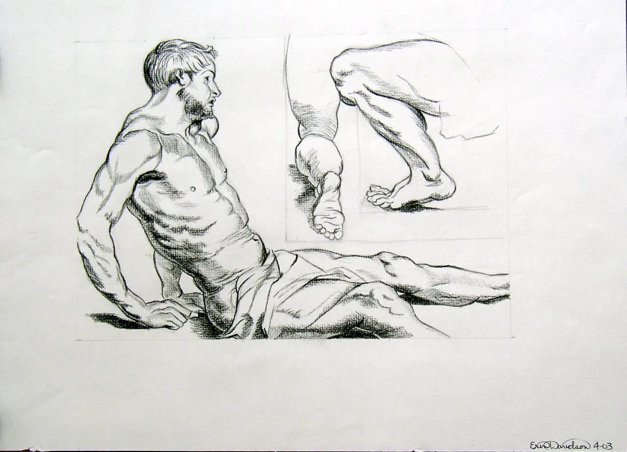 Pencil sketch of a seated muscular man with a beard, draped in cloth, alongside detailed studies of a leg and foot.