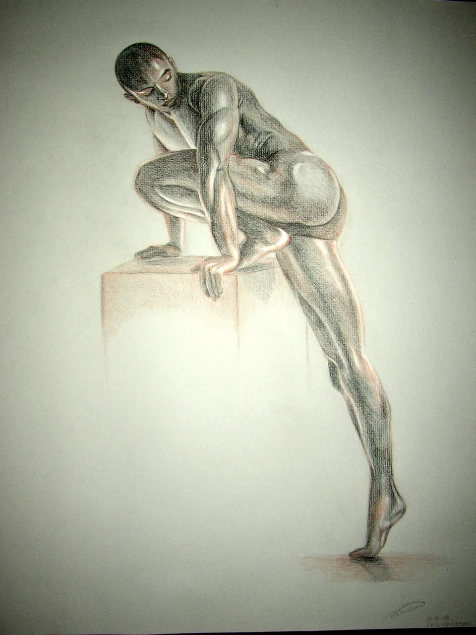 Colored pencil drawing of a muscular male nude figure balancing on one foot while leaning on a rectangular pedestal with both hands.