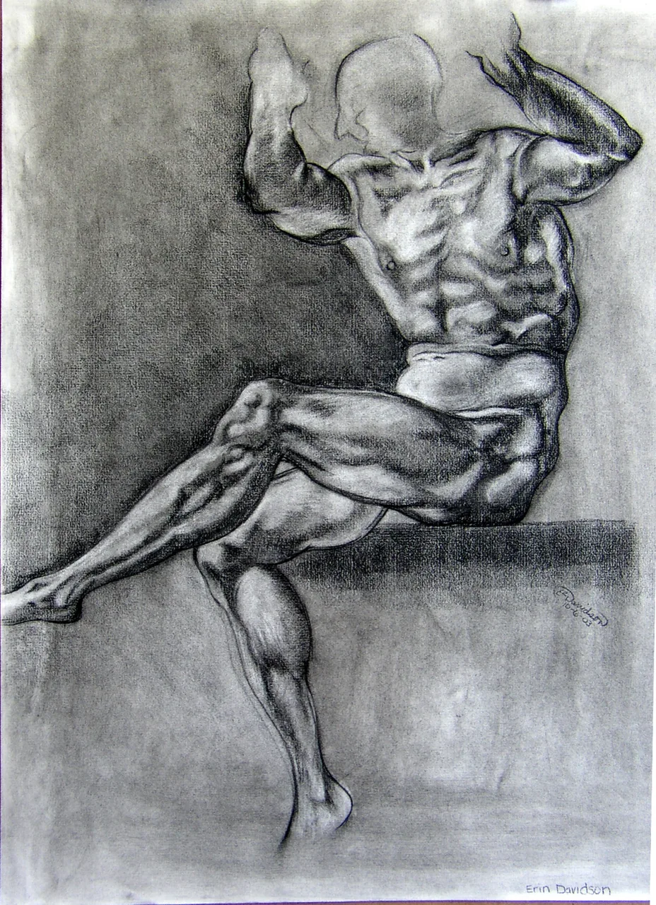 Charcoal drawing of a muscular male figure sitting sideways on a ledge with one leg extended and the back muscles prominently detailed.