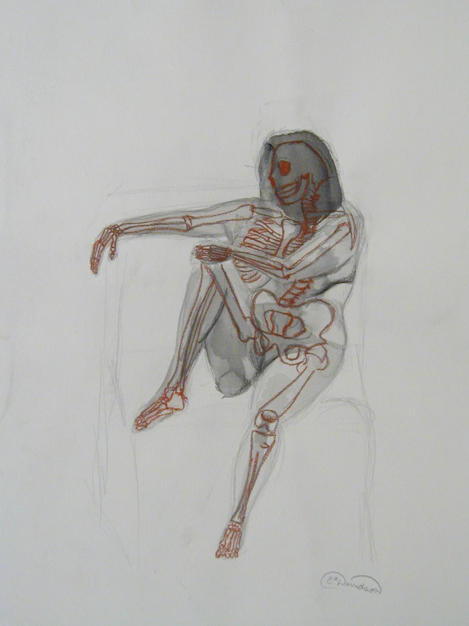 Sketch of a seated human figure with an overlaid red skeleton drawing showing bones in a relaxed pose.