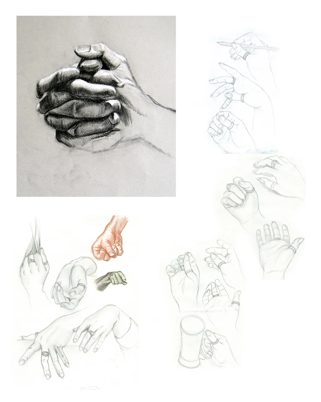 Collage of pencil sketches of hands in various poses, including clasped hands, holding a pencil, fist, and open hand with a ring.