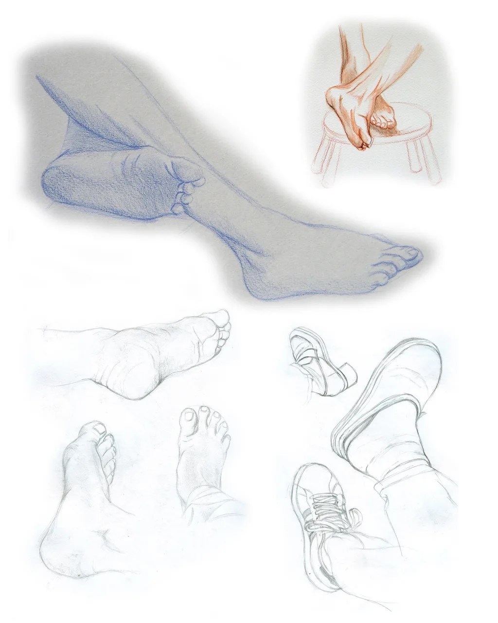 A collection of pencil and colored sketches of feet in various poses, including barefoot, on a stool, and wearing shoes.