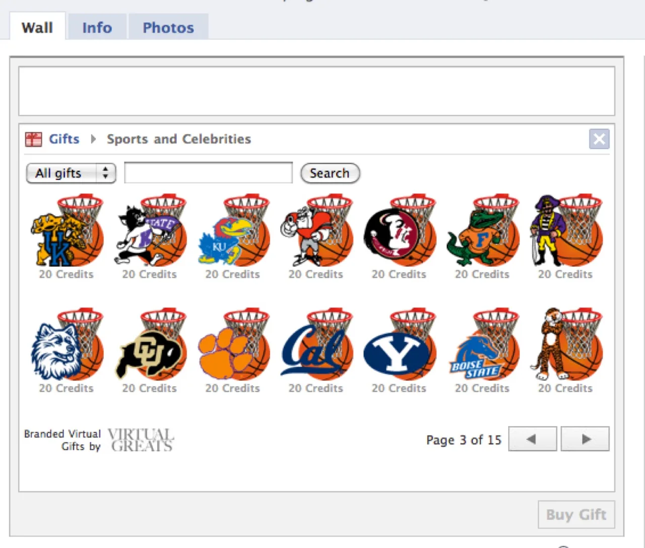 Grid of basketball-themed virtual gifts featuring college team logos and mascots with 20 Credits cost each, displayed on a web page.