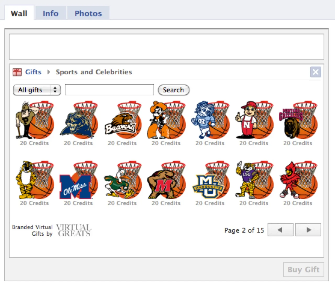 Facebook virtual gift icons featuring 15 college sports team mascots above basketball hoops, each costing 20 credits, on the Sports and Celebrities page.