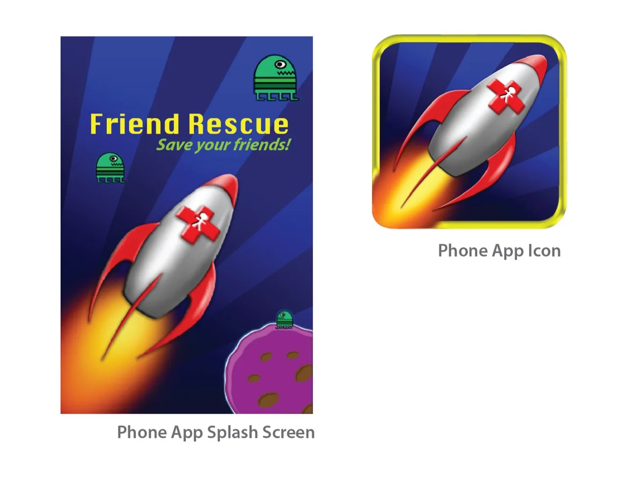 Friend Rescue phone app splash screen featuring a rocket with a red cross and a small figure launching through space, surrounded by green alien creatures and a purple planet, alongside the app icon showing the same rocket.