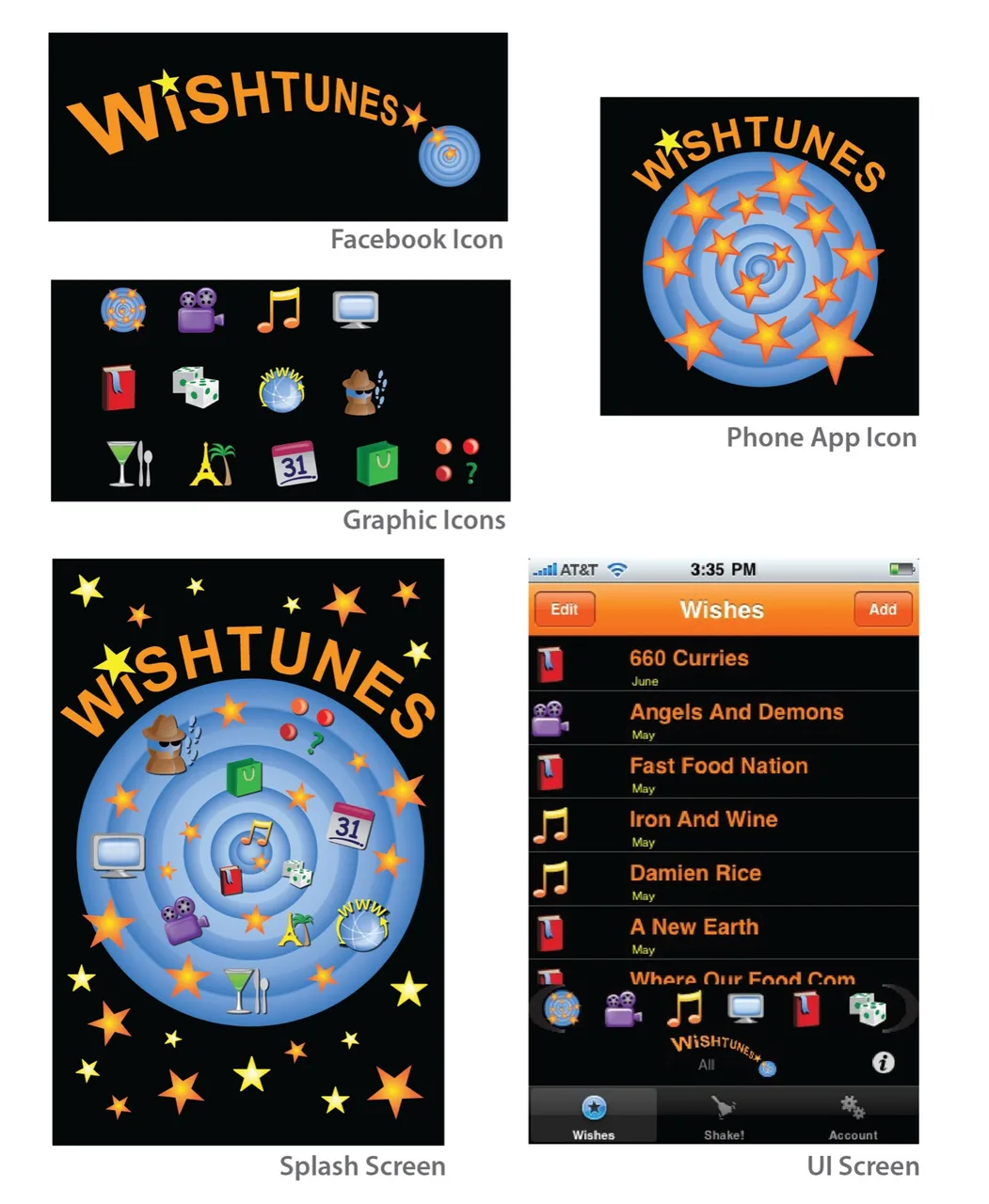 Multiple images showing Wishtunes branding elements: Facebook icon with curved orange Wishtunes text over blue spiral and star, phone app icon with orange Wishtunes text and stars over blue spiral, splash screen with Wishtunes text surrounded by various colorful icons and stars, and a UI screen of an app displaying a wish list with icons and orange text on black background.