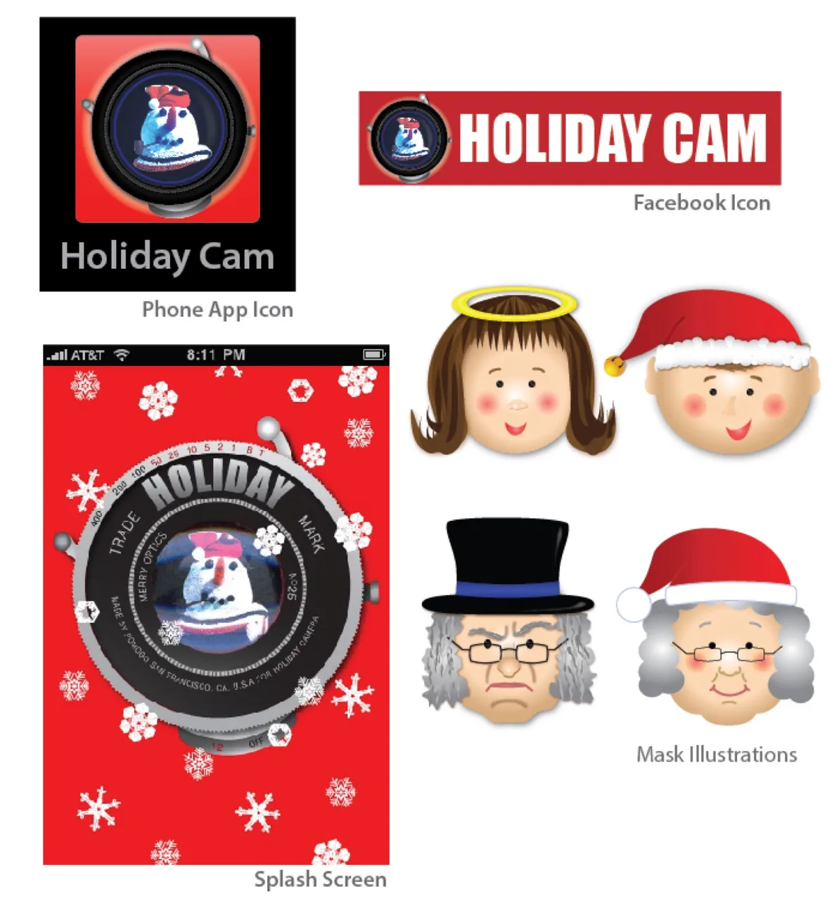 Collection of Holiday Cam app visuals including phone app icon with snowman in camera lens, Facebook banner, splash screen with snowflakes, and holiday-themed mask illustrations of angel, Santa, and others.