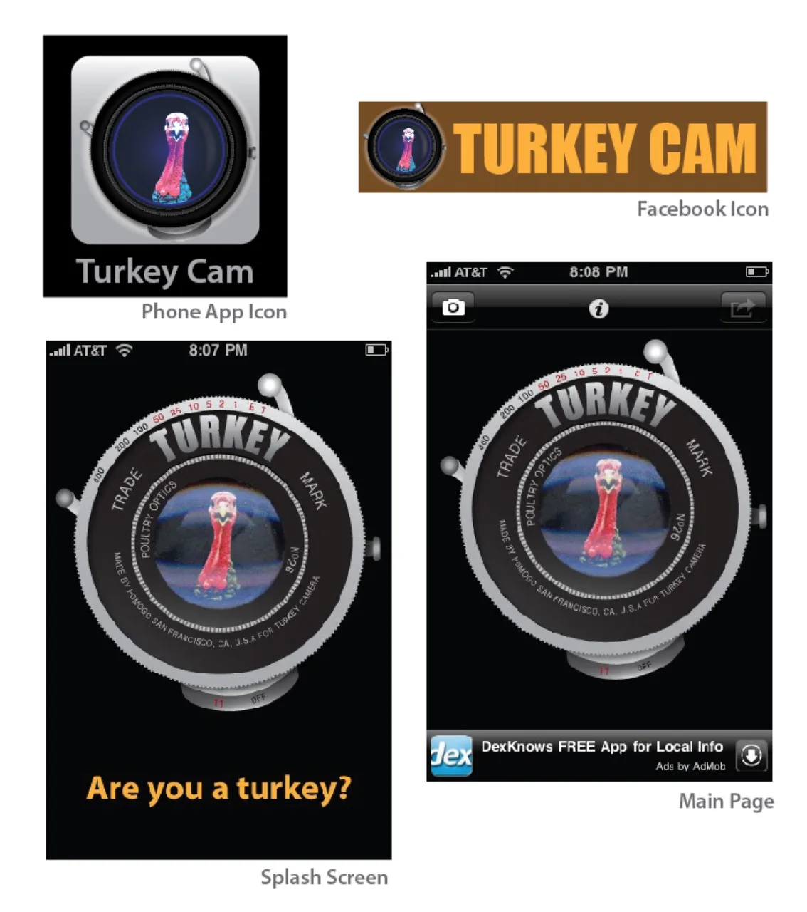 Turkey Cam app branding showing a turkey in a camera lens on the phone app icon, Facebook icon, splash screen with 'Are you a turkey?' text, and main page with an ad banner.
