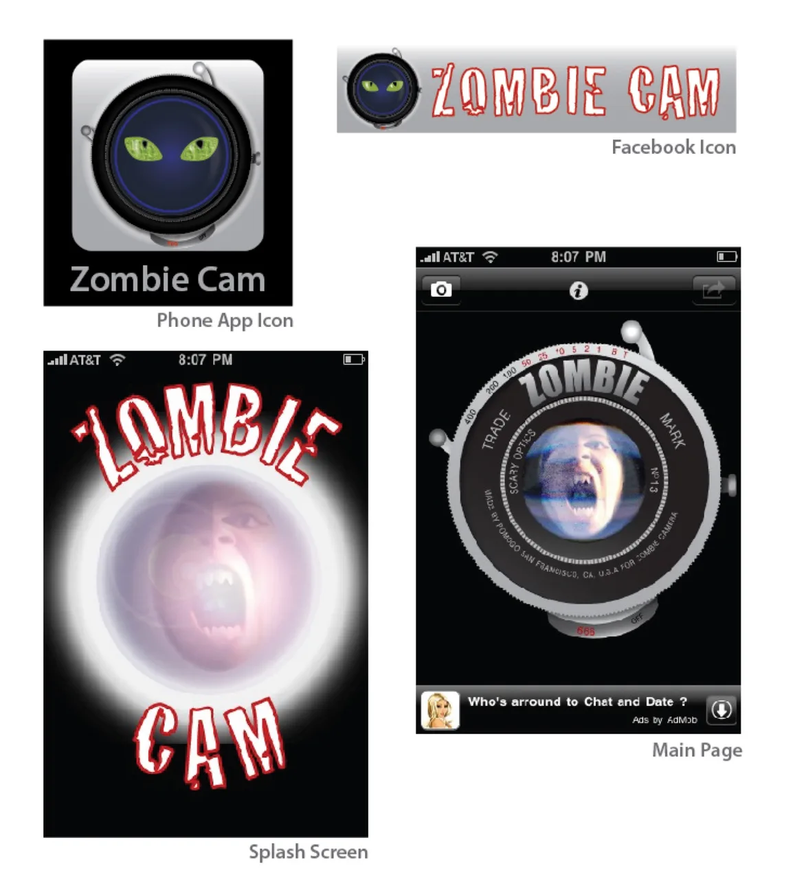 Collage showing Zombie Cam phone app icon with cat-eye camera lens, Facebook icon with green cat-eye camera lens and red Zombie Cam text, splash screen with screaming zombie face and red Zombie Cam text, and main page with camera interface featuring a screaming zombie face in the lens.