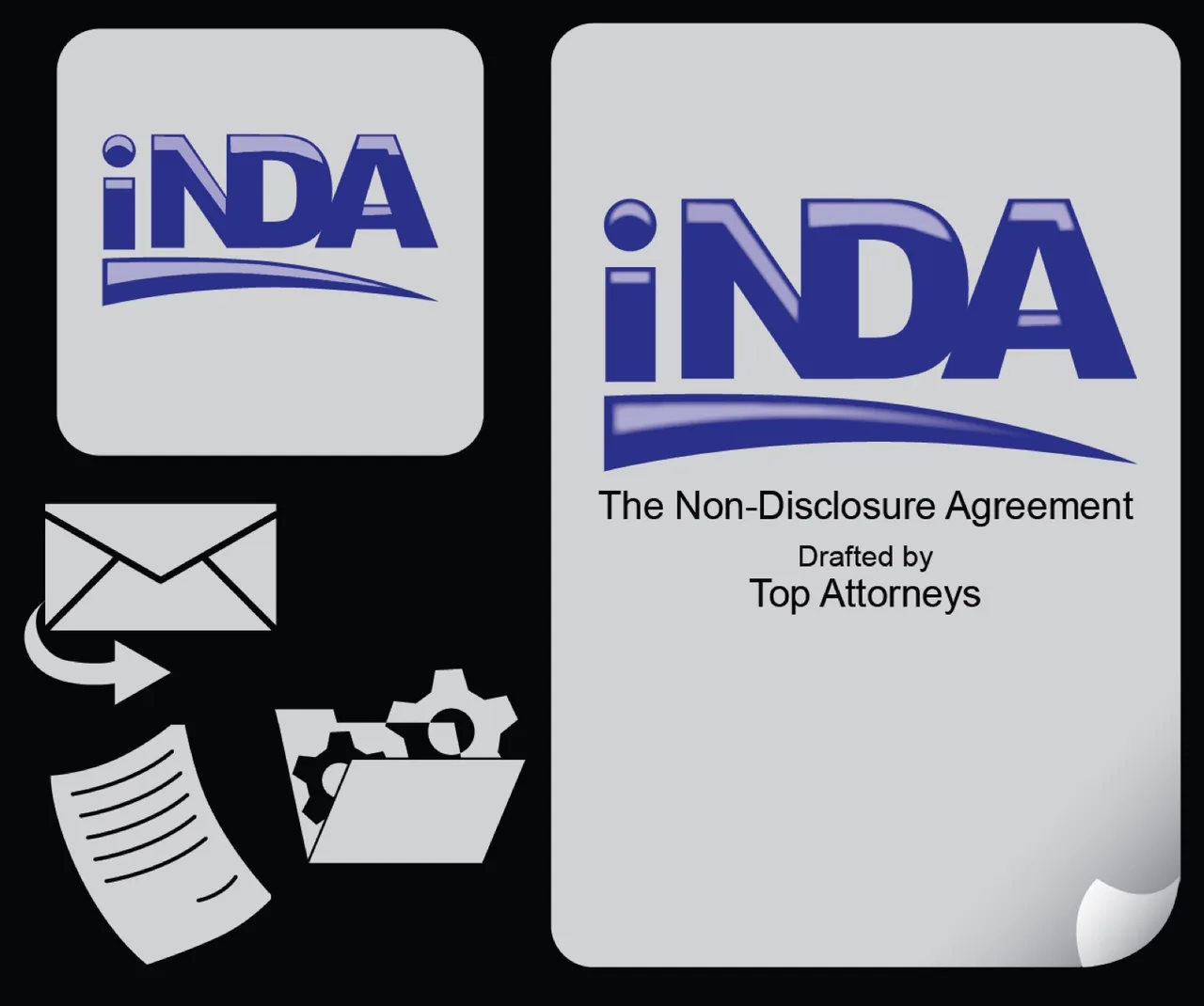 iNDA logo with the text 'The Non-Disclosure Agreement Drafted by Top Attorneys' and icons representing email, document, and folder with gears.