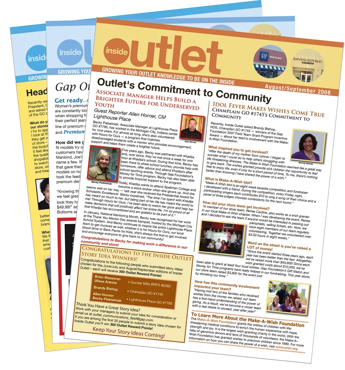 Three stacked newsletter pages titled Inside Outlet, with the top page dated August/September 2008, featuring articles on community commitment, profile photos of staff, and a story idea winners announcement.