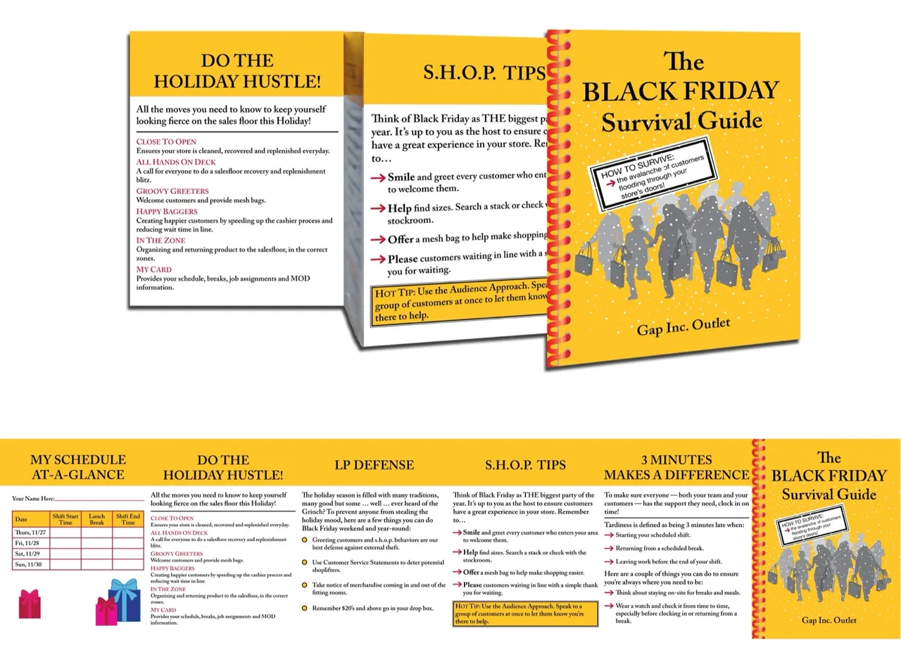 A folded booklet titled 'The Black Friday Survival Guide' from Gap Inc. Outlet with tips on holiday sales, store defense, customer service, and scheduling for employees.