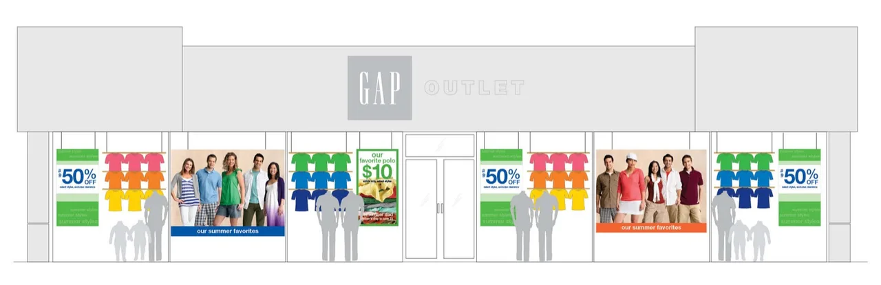 Front view of a GAP Outlet store with summer sale signs, colorful shirts, and images of smiling adults wearing casual summer clothing.