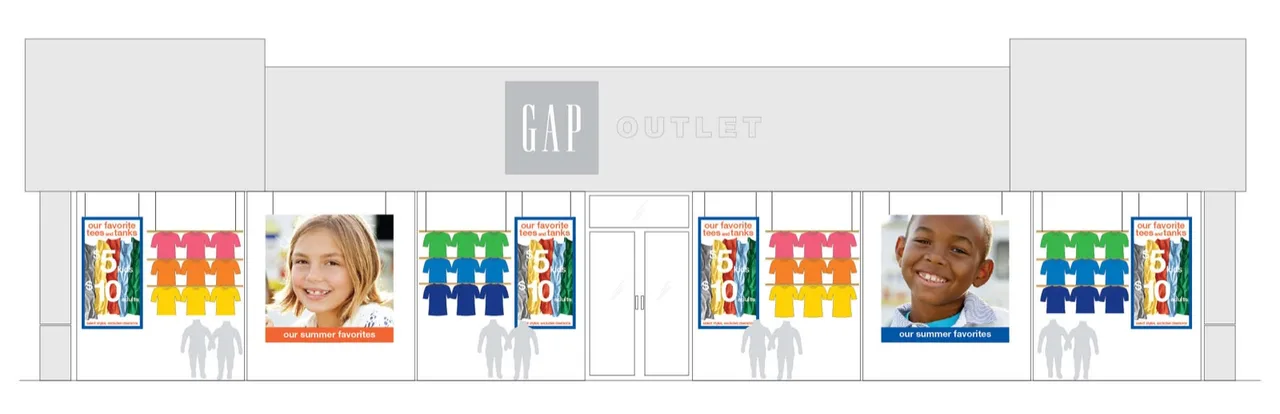 Front view of GAP Outlet store with summer promotion posters featuring smiling children and colorful tees priced at $5 for kids and $10 for adults.