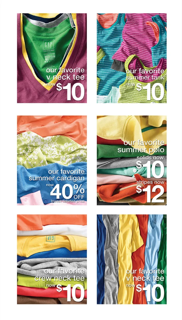 Six stacked clothing images featuring summer tops: V neck tees, summer tanks, summer cardigans, summer polos, and crew neck tees with prices and discounts displayed.