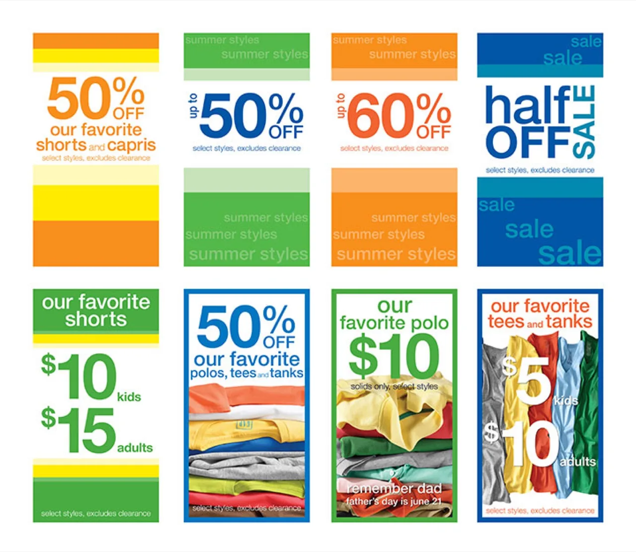 Promotional graphic showing various summer clothing sale offers including 50% off shorts and capris, up to 50% off summer styles, up to 60% off summer styles, half off sale, $10 for favorite shorts for kids and adults, 50% off favorite polos, tees, and tanks, $10 for favorite polos with Father's Day reminder, and $5 to $10 for favorite tees and tanks for kids and adults.