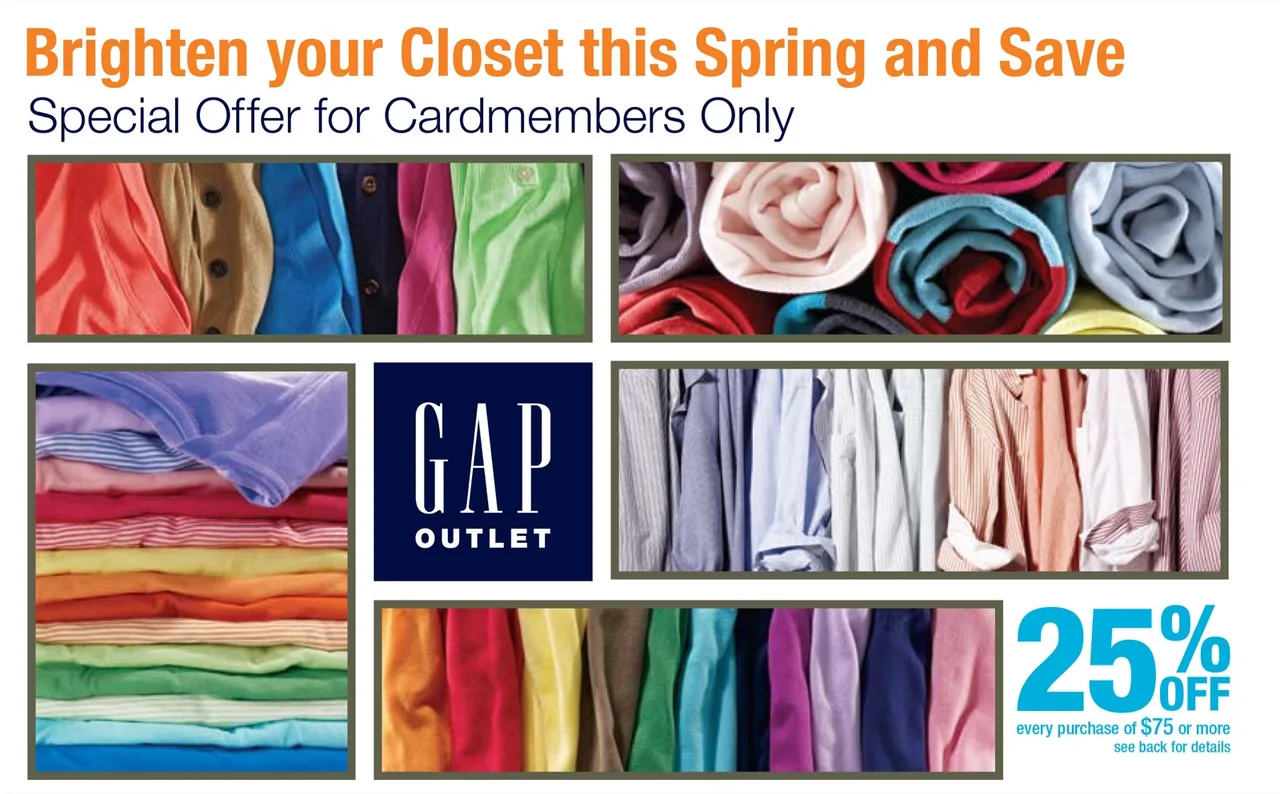 Promotion featuring colorful folded and hanging clothes with text offering 25% off purchases of $75 or more for cardmembers at GAP Outlet.