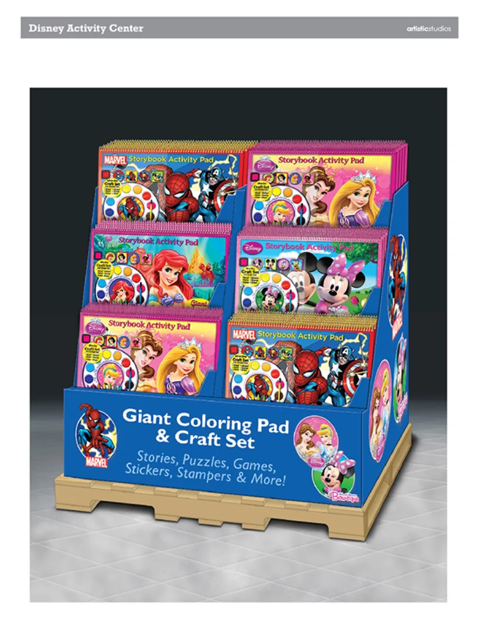 Display stand holding multiple Disney and Marvel storybook activity pads featuring characters like Spider-Man, Ariel, Belle, Rapunzel, Minnie Mouse, and Mickey Mouse.