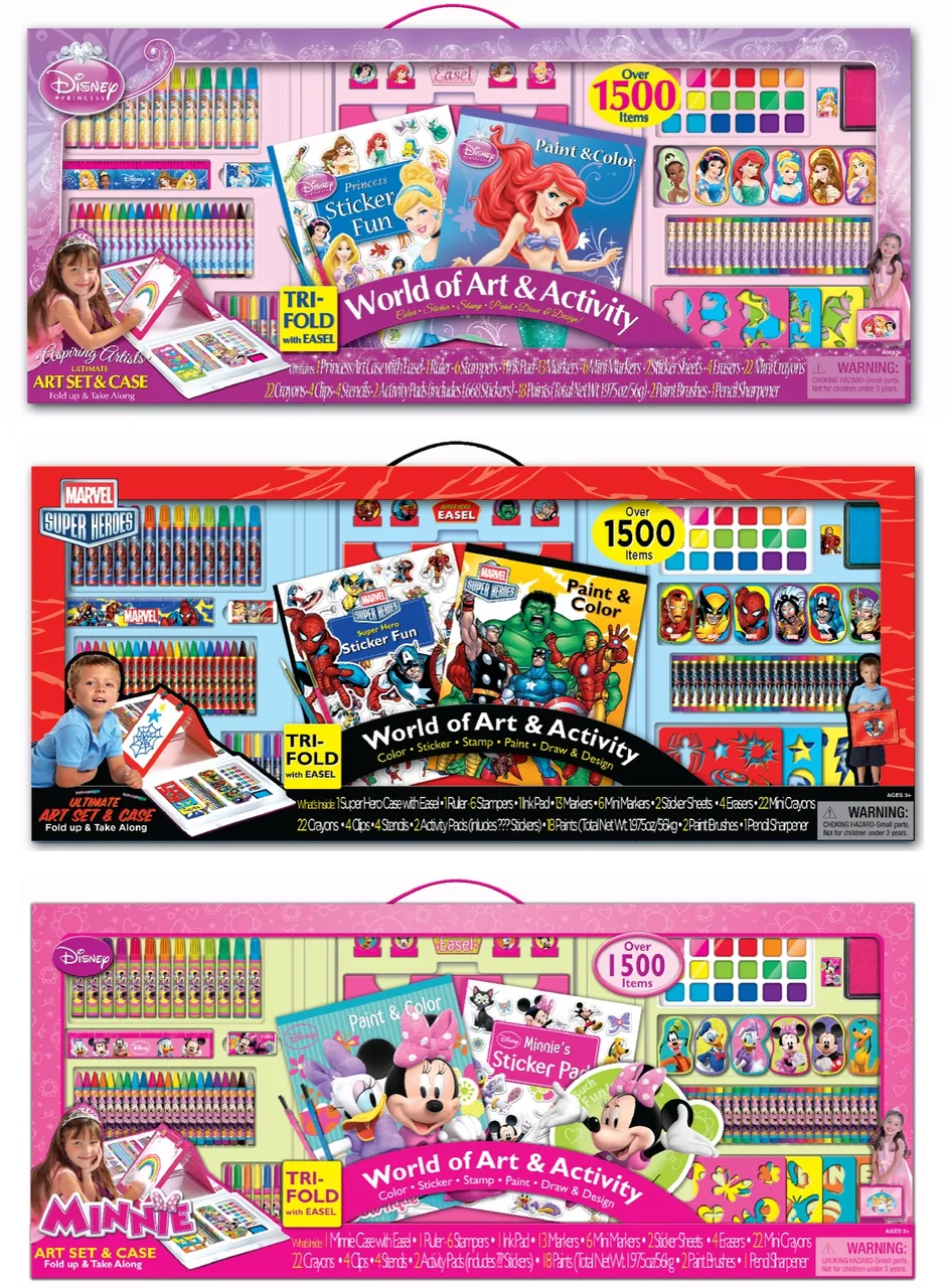 Three boxed art sets for children featuring Disney Princess, Marvel Super Heroes, and Minnie Mouse themes, each with crayons, markers, stamps, stickers, and an easel.