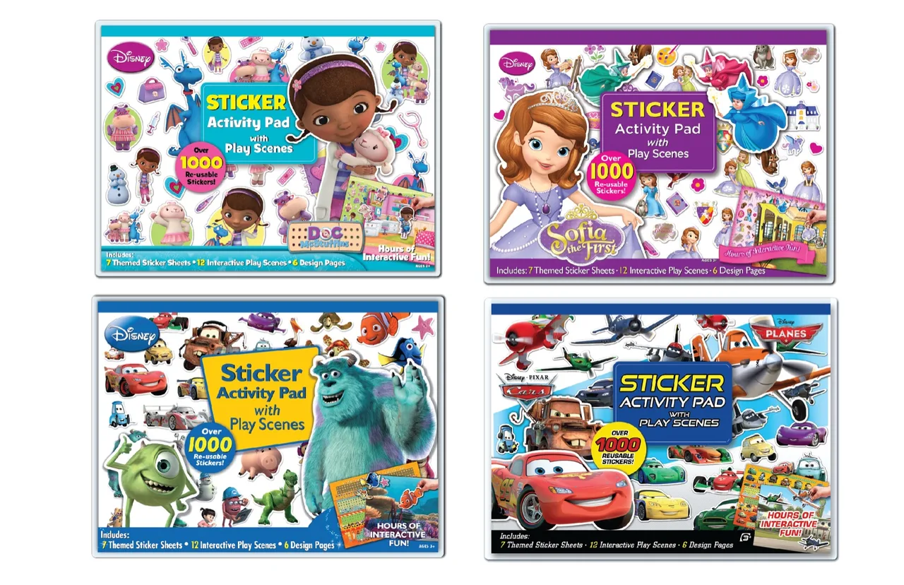 Four Disney-themed sticker activity pads featuring Doc McStuffins, Sofia the First, Monsters Inc., and Cars & Planes characters and scenes with over 1000 reusable stickers.