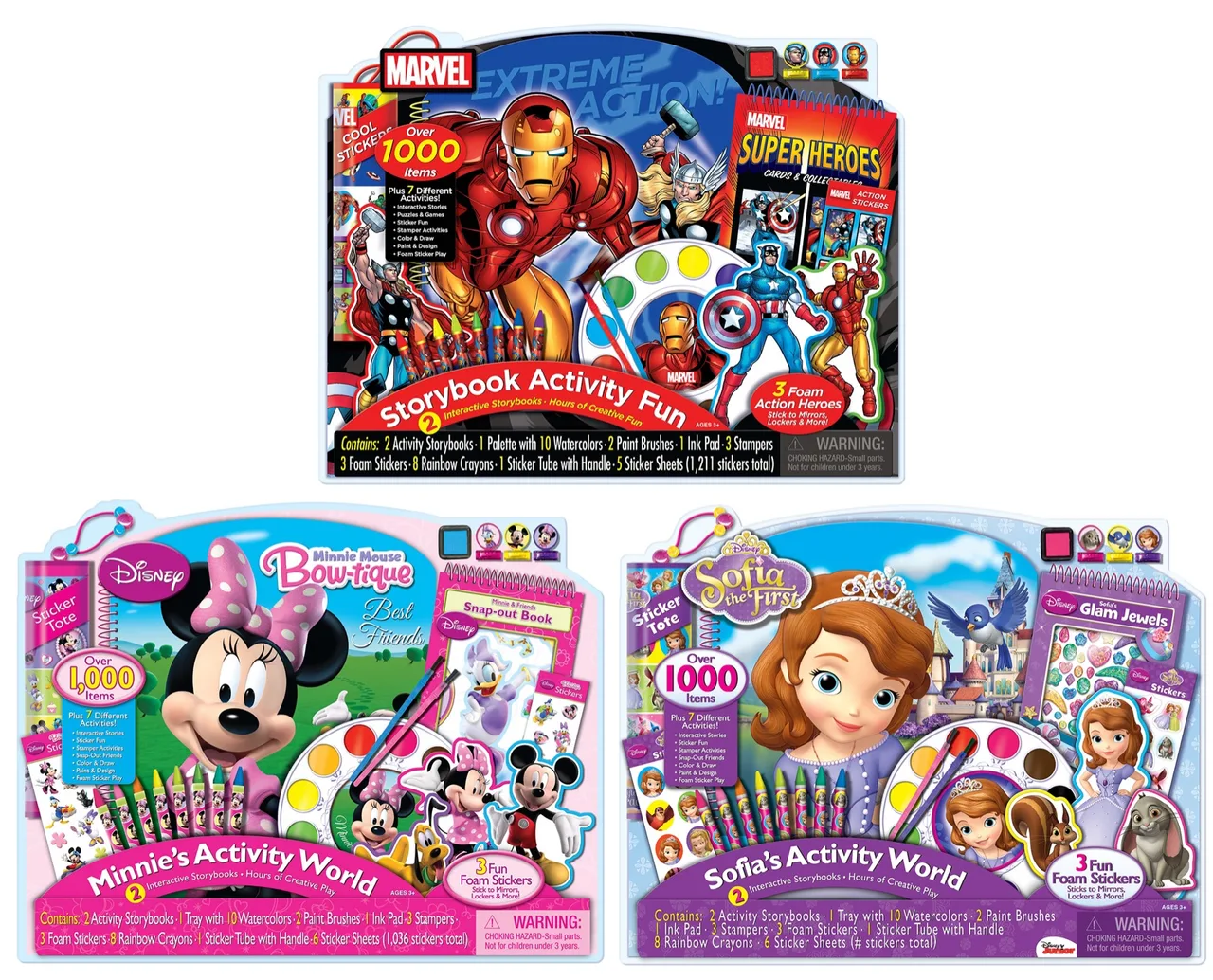 Three colorful children’s activity sets featuring Marvel superheroes, Disney Minnie Mouse, and Sofia the First with watercolors, crayons, stickers, and storybooks.