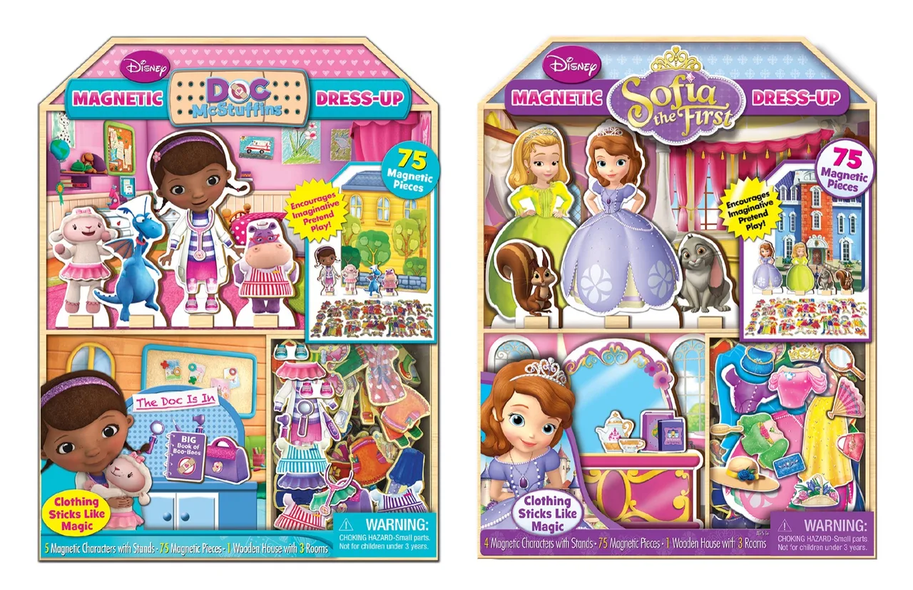 Two Disney magnetic dress-up playsets featuring Doc McStuffins and Sofia the First characters with 75 magnetic pieces and wooden house backgrounds.