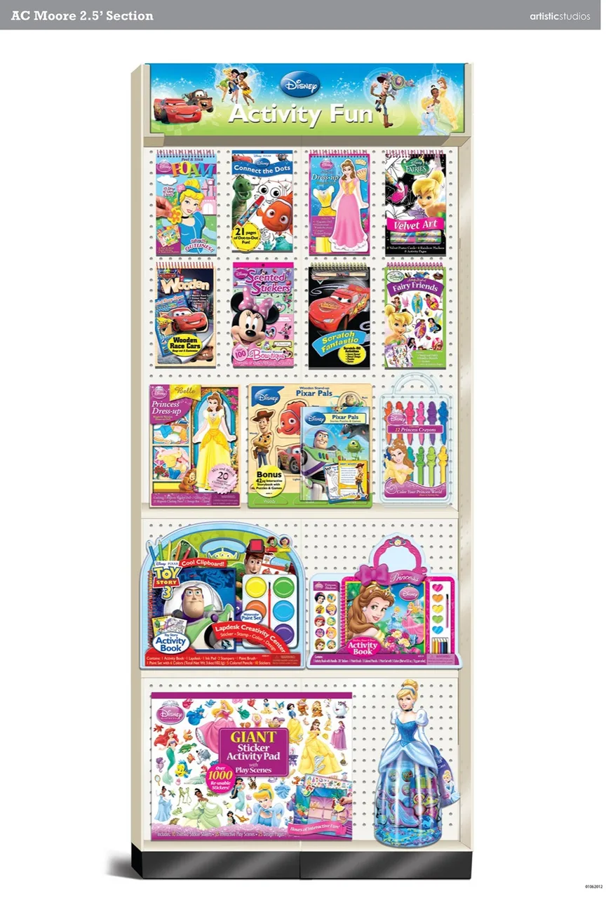 Display shelf of Disney-themed activity books, sticker sets, crayons, and coloring kits featuring characters from Toy Story, princesses, Cars, and fairies.
