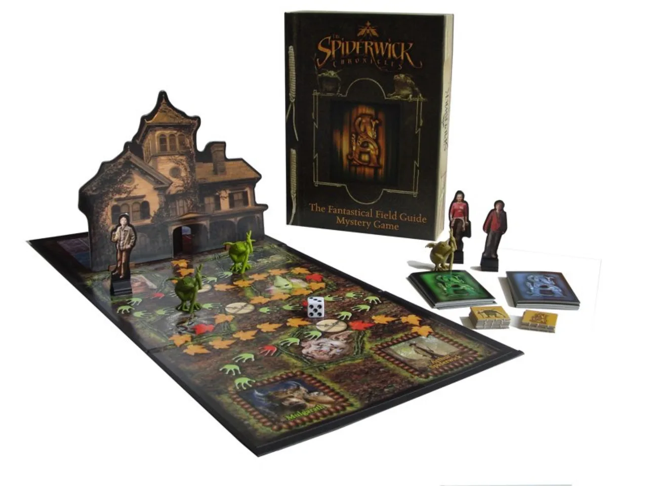 The Spiderwick Chronicles board game setup with a house-shaped game board, character and creature figurines, cards, dice, and game box.