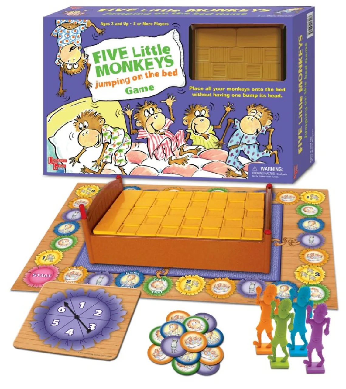 Five Little Monkeys Jumping on the Bed board game with colorful monkey figures, game board, spinner, and tokens displayed along with the game box.