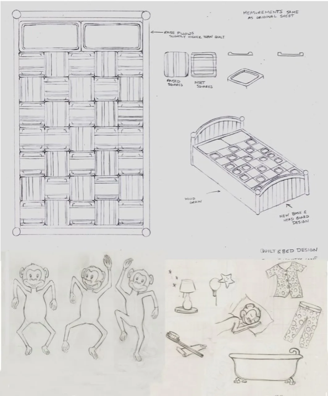 Hand-drawn sketches including a quilt and bed design with raised and inset squares, three dancing monkeys, and bedtime objects like a lamp, toothbrush, pajamas, bathtub, and a monkey sleeping on a pillow.