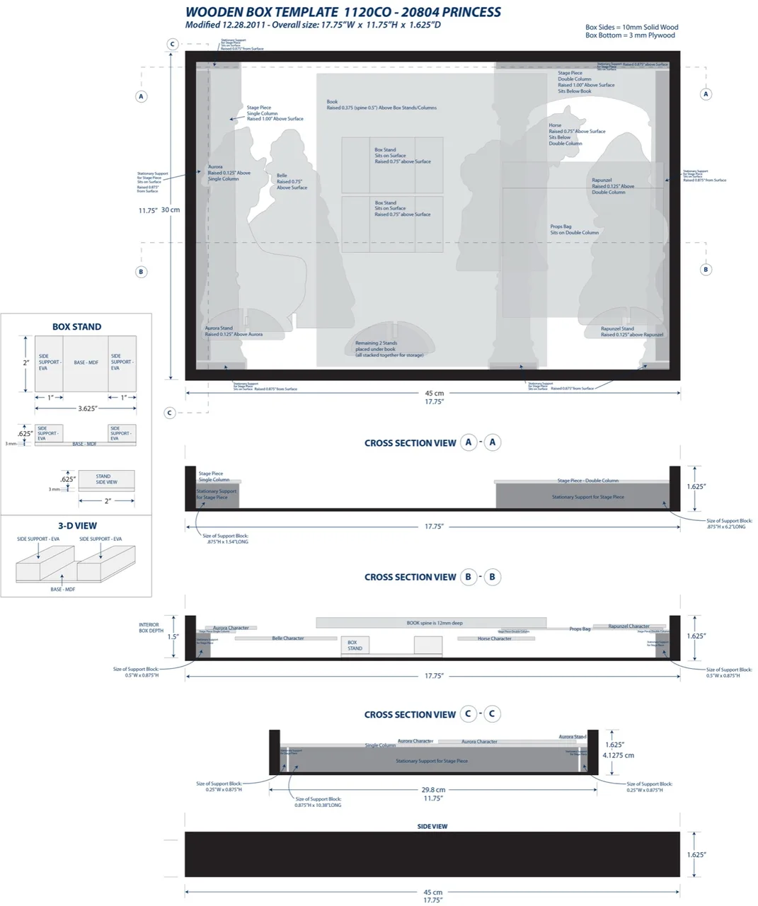 Technical dieline and cross section drawings of a wooden box template labeled '1120CO - 20804 PRINCESS' showing dimensions, stands, supports, and character placements Auroa, Belle, Rapunzel, and Horse.