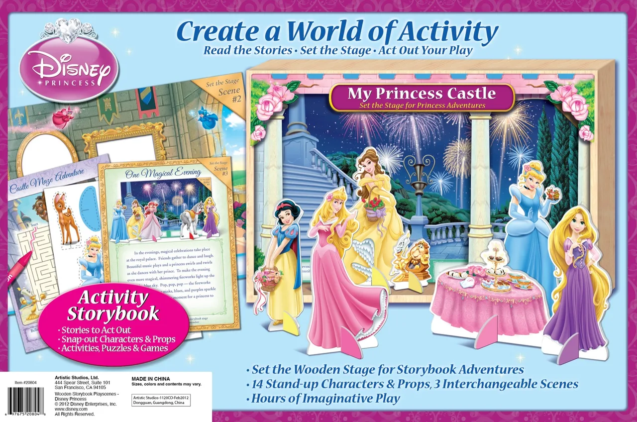 Disney Princess activity storybook set with wooden castle stage, 14 stand-up princess characters, props, and interchangeable scenes for imaginative play.
