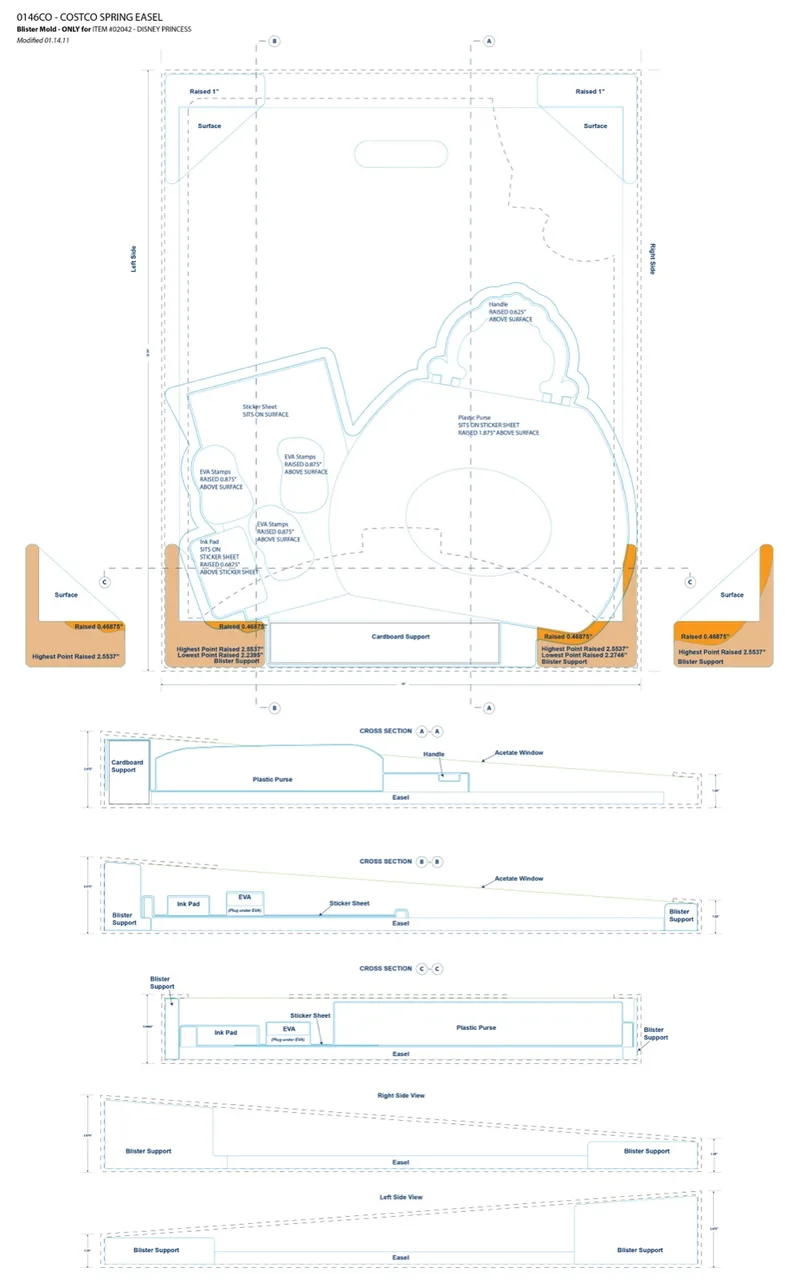 Technical drawing of a Costco spring easel blister mold for Disney Princess item, showing front view with plastic purse and sticker sheet, cross sections, and side views with measurements and labels for components.