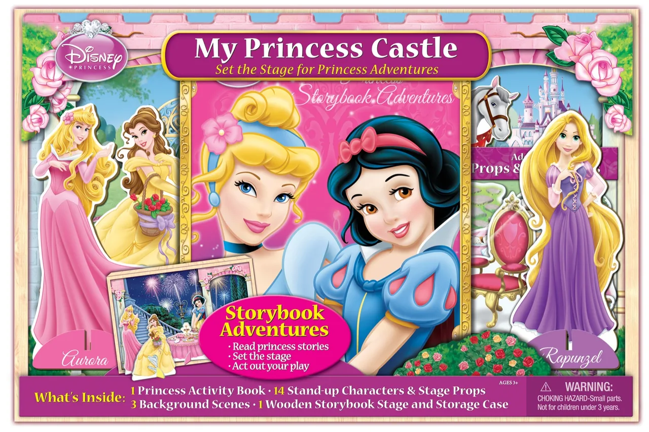 Disney Princess My Princess Castle set featuring Aurora, Belle, Snow White, and Rapunzel with stand-up characters, stage props, a princess activity book, and background scenes.