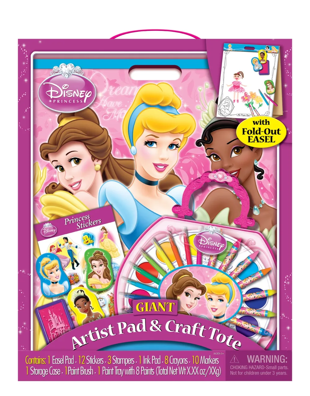 Disney Princess Giant Artist Pad & Craft Tote featuring Belle, Cinderella, and Tiana, with art supplies, stickers, and a fold-out easel.