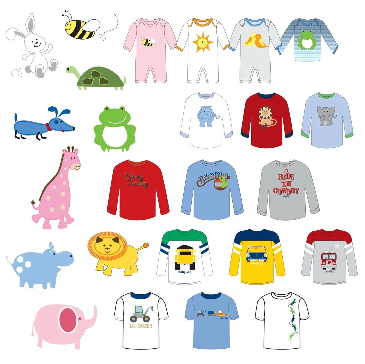 Illustrations of children's animal graphics and clothing designs including a rabbit, bee, turtle, dog, frog, giraffe, hippo, lion, elephant, and pink elephant with various shirts and onesies featuring animals or vehicle prints and cowboy themes.