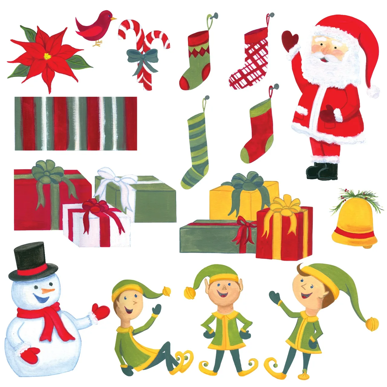 Collection of Christmas-themed clipart including Santa Claus, a snowman, three elves, poinsettia, candy canes, colorful stockings, wrapped gifts, striped pattern, and a festive bell.