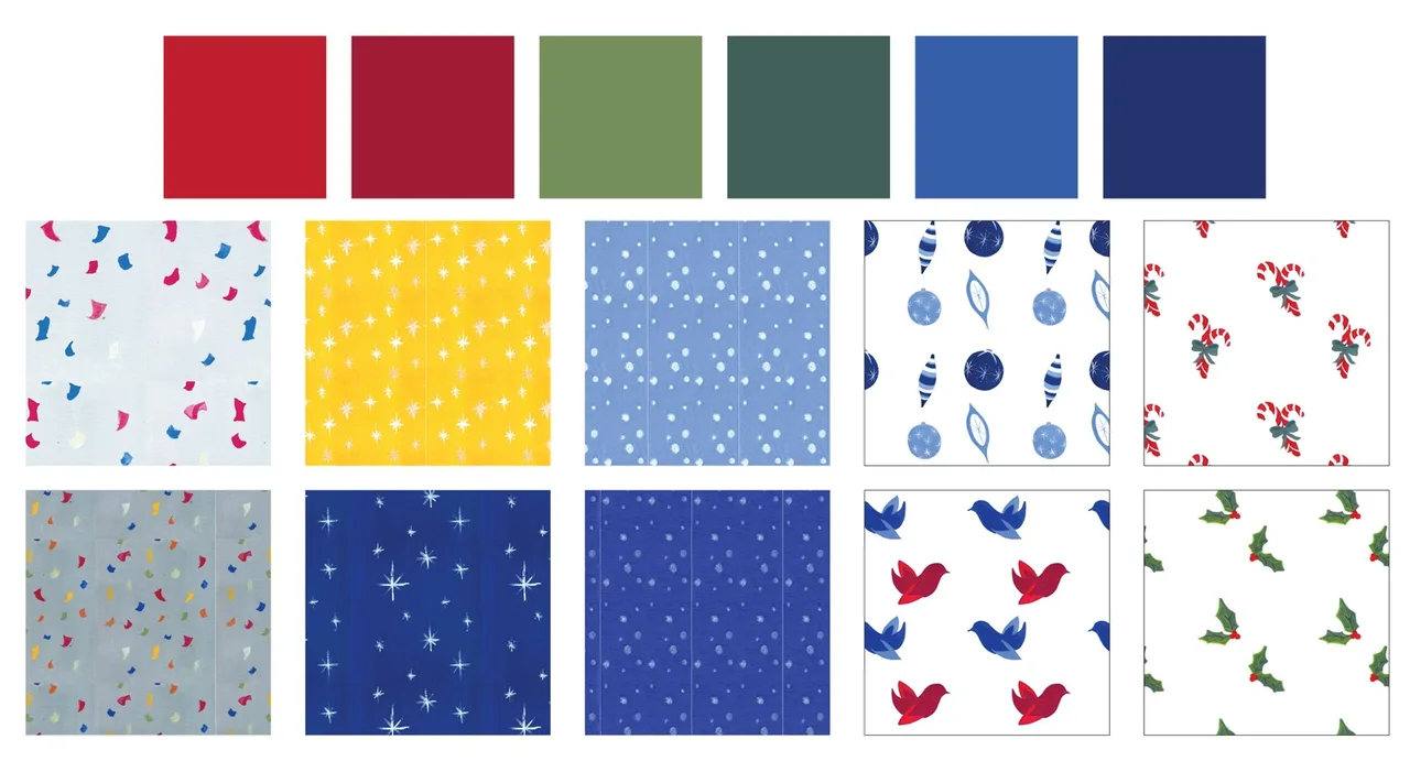 Six color swatches in red, burgundy, olive green, forest green, blue, and navy blue above twelve holiday-themed pattern squares including confetti, stars, snow, ornaments, candy canes, birds, and holly.